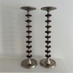 Silver/pewter like and Purple Glass Candle Holders. Set of 2.